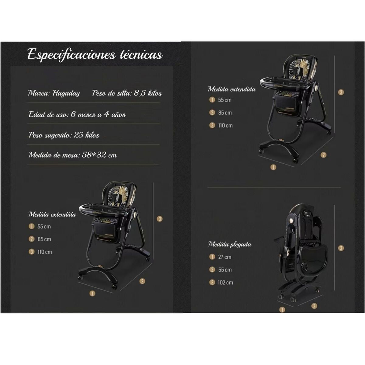 Silla de Comer Lujosa Reclinable Hagaday Negra Lubabycas
