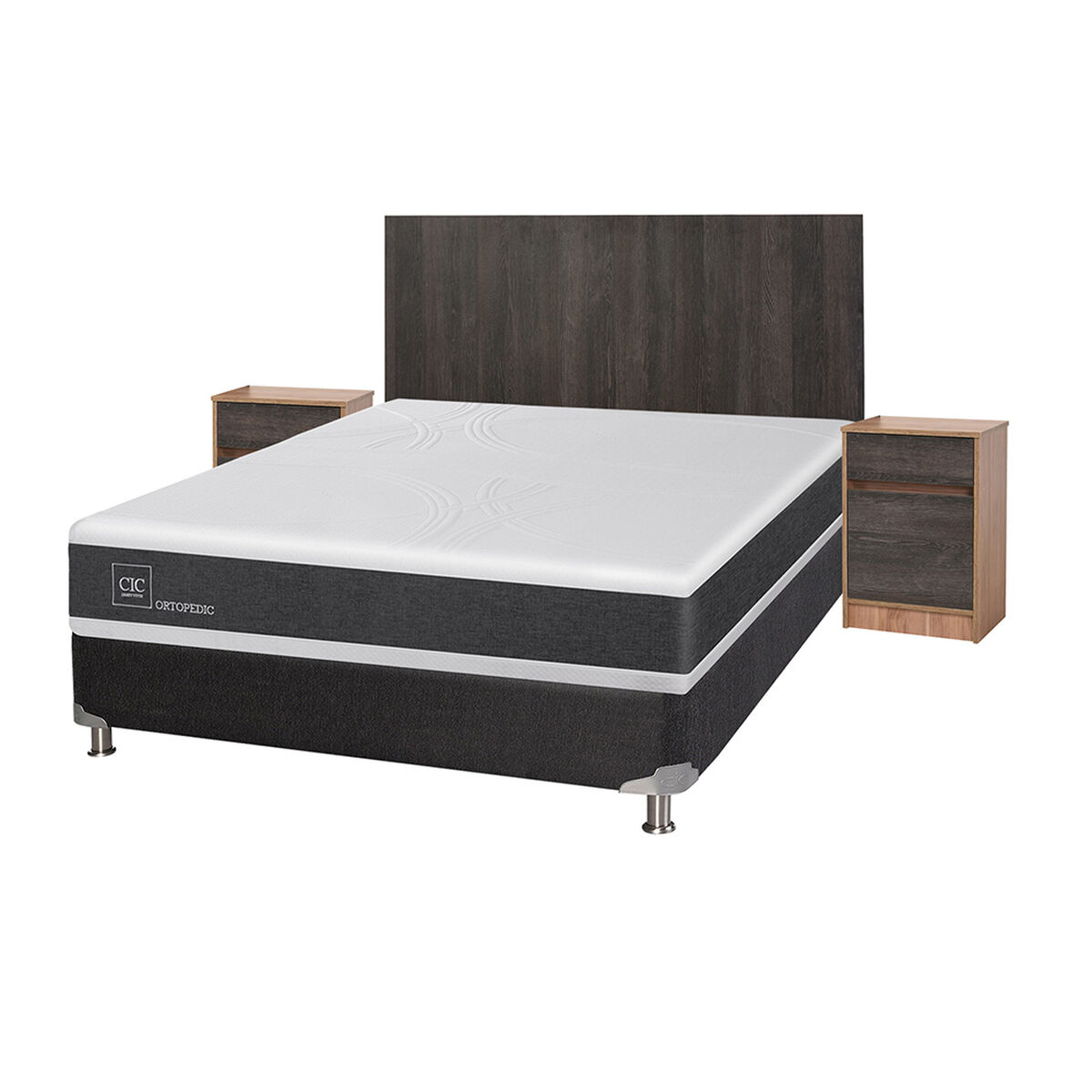 Box Spring CIC 2 Plazas Ortopedic + Respaldo + 2 Veladores