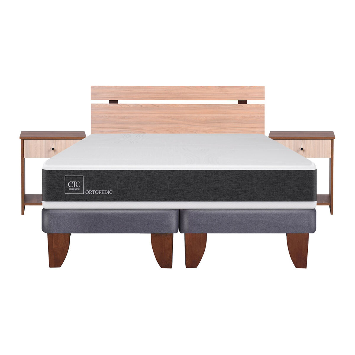 Cama Europea CIC Base Dividida 2 Plazas Ortopedic + Respaldo + 2 Veladores Olmo