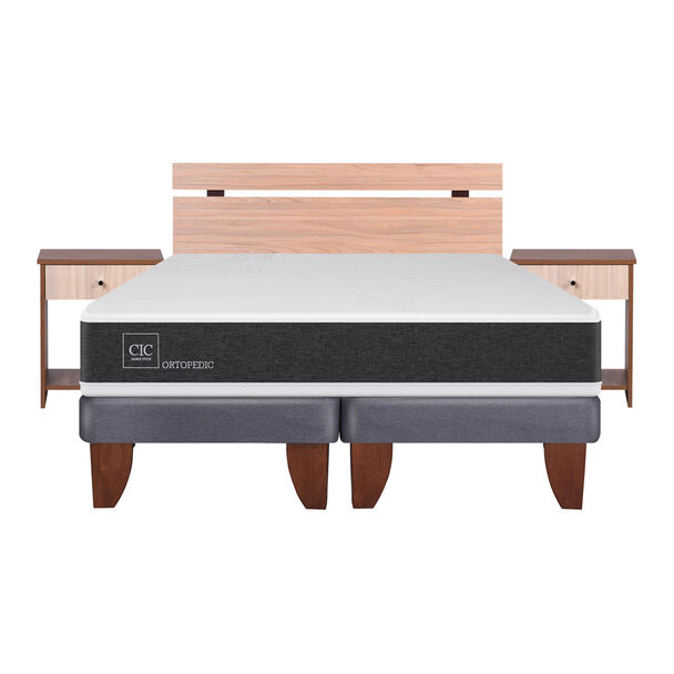 Cama Europea CIC Base Dividida 2 Plazas Ortopedic + Respaldo + 2 Veladores Olmo