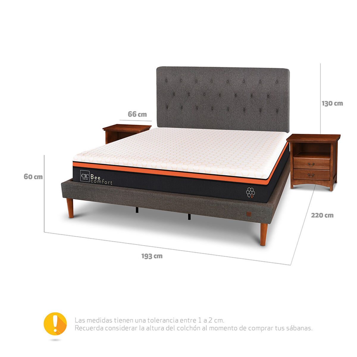 Cama Europea Curve CIC King Bee Comfort + Respaldo + 2 Veladores