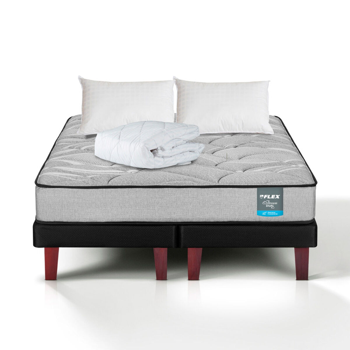 Cama Europea Flex 2 Plazas Dream Dual B/D + 2 Almohada + Cubrecolchon Basico