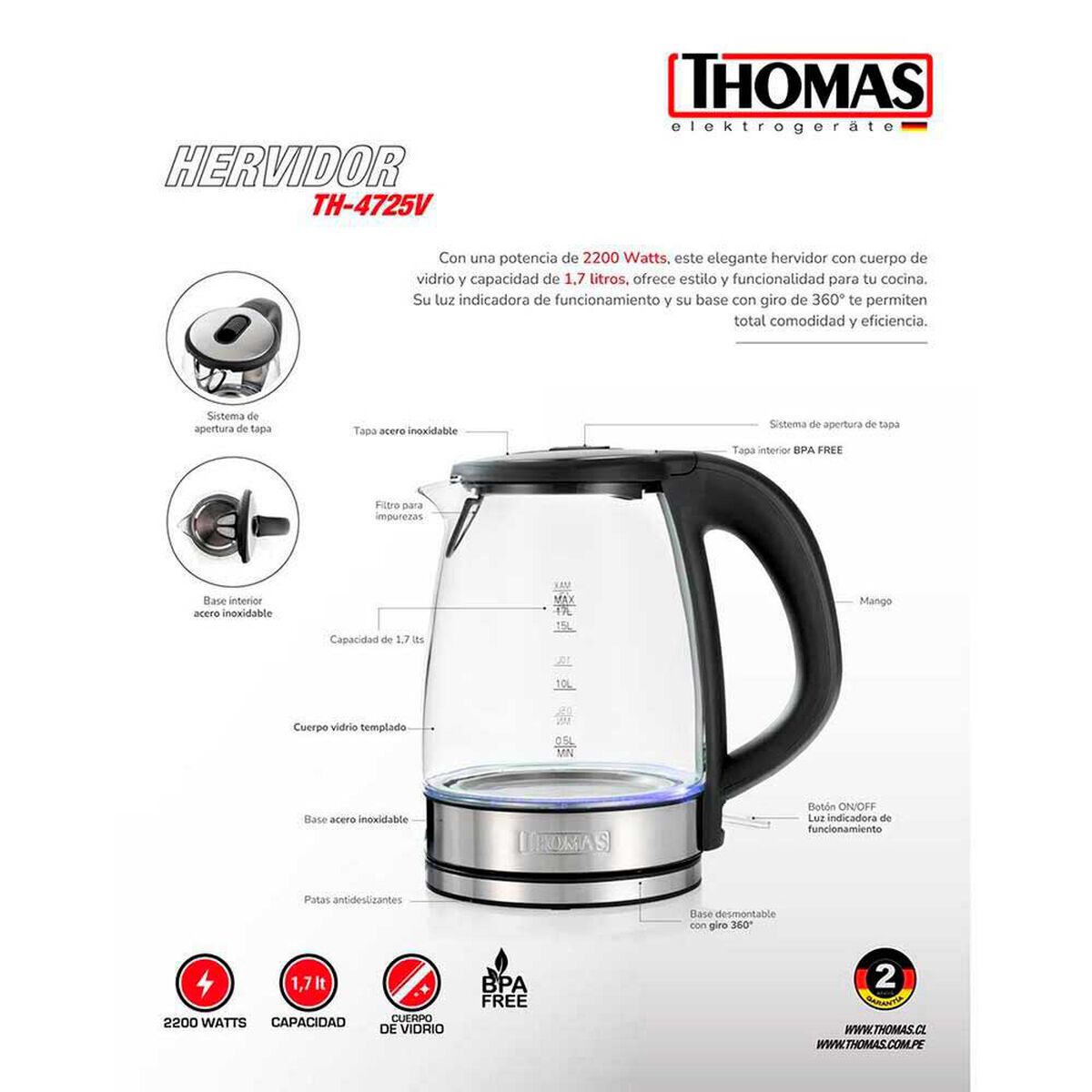Hervidor El&eacute;ctrico Thomas TH-4725V 1,7 lts.