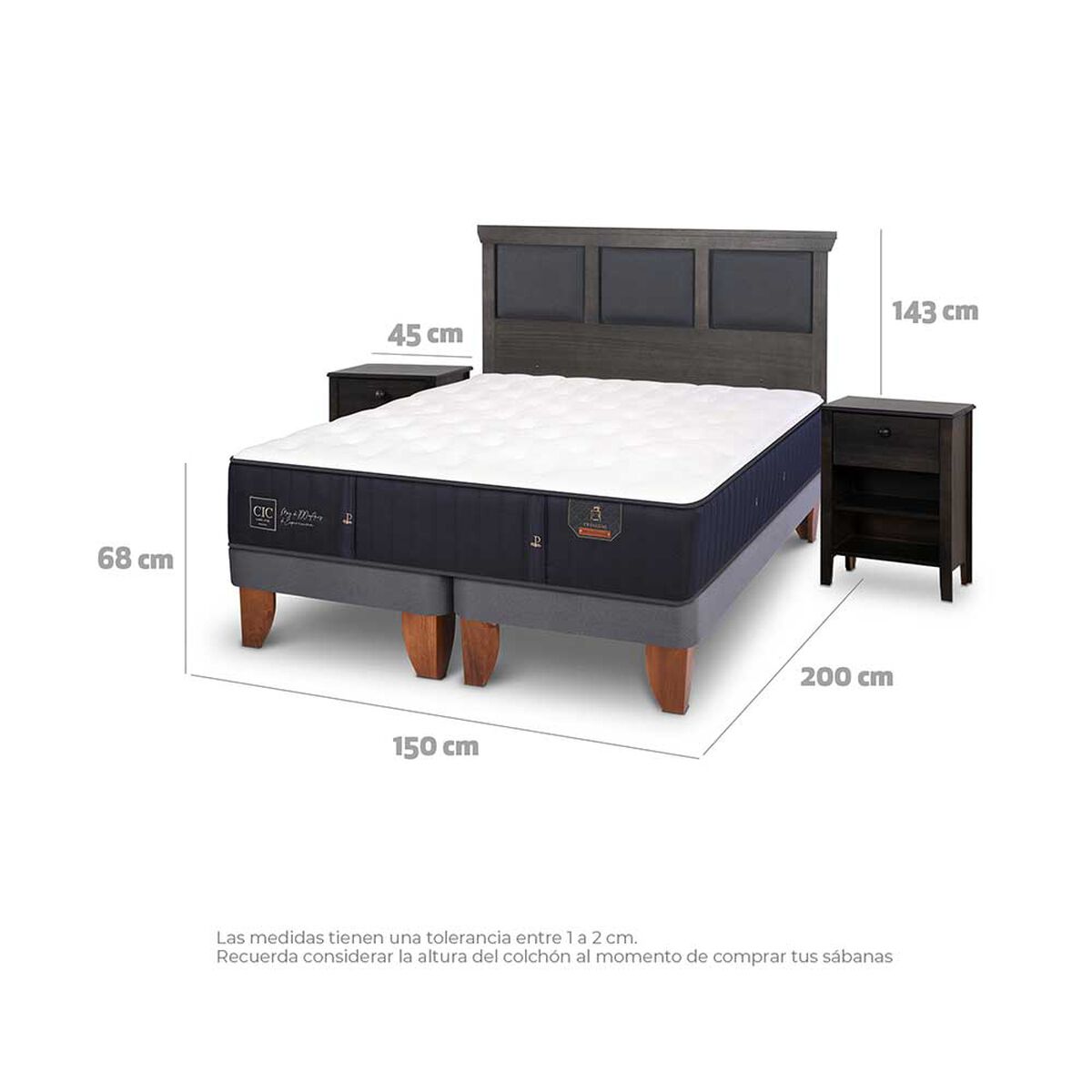 Cama Europea CIC Base Dividida 2 Plazas Premium + Respaldo + 2 Veladores Torino