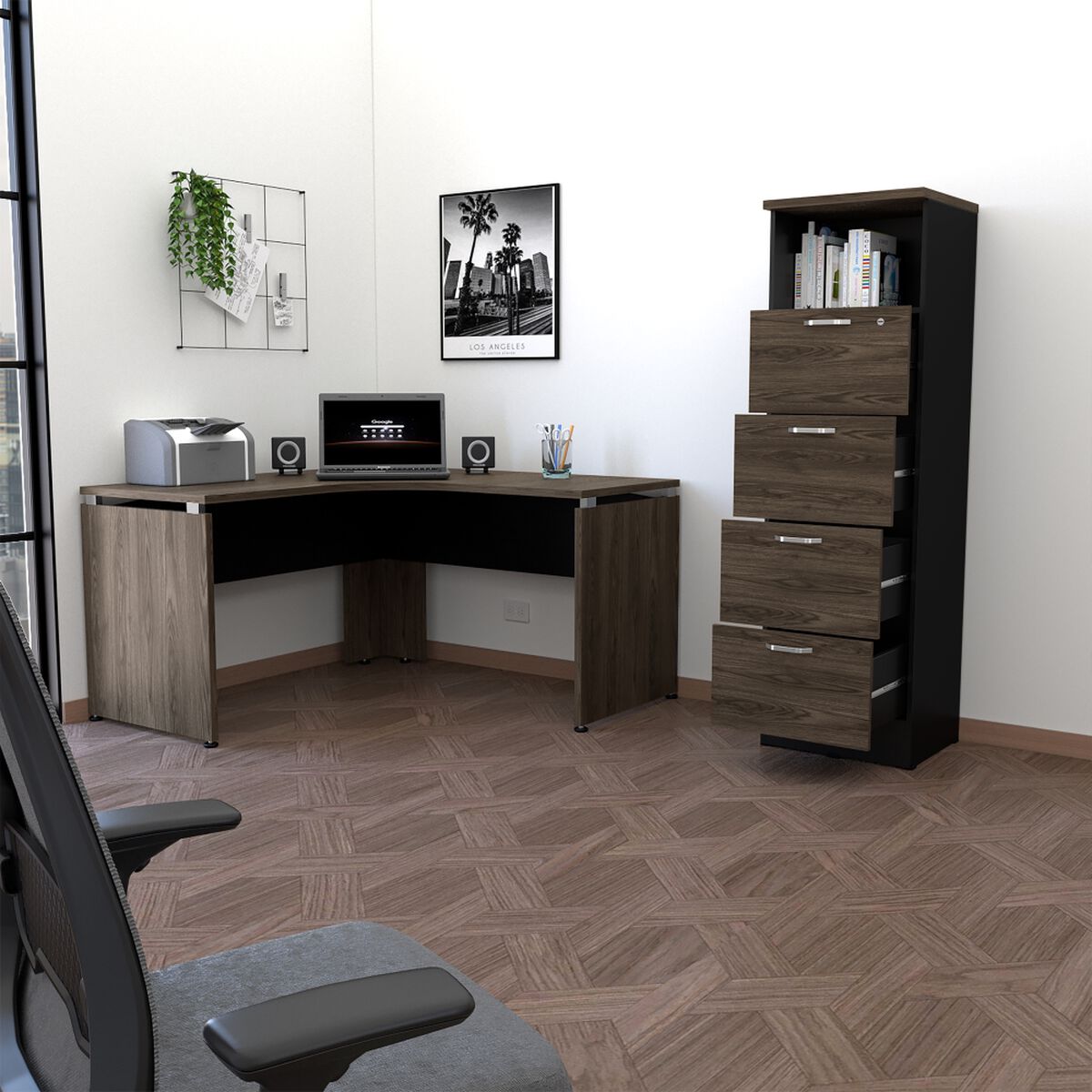 Escritorio  + Archivador 4 Cajones + 1 Repisa Alto Negro TuHome Home Office