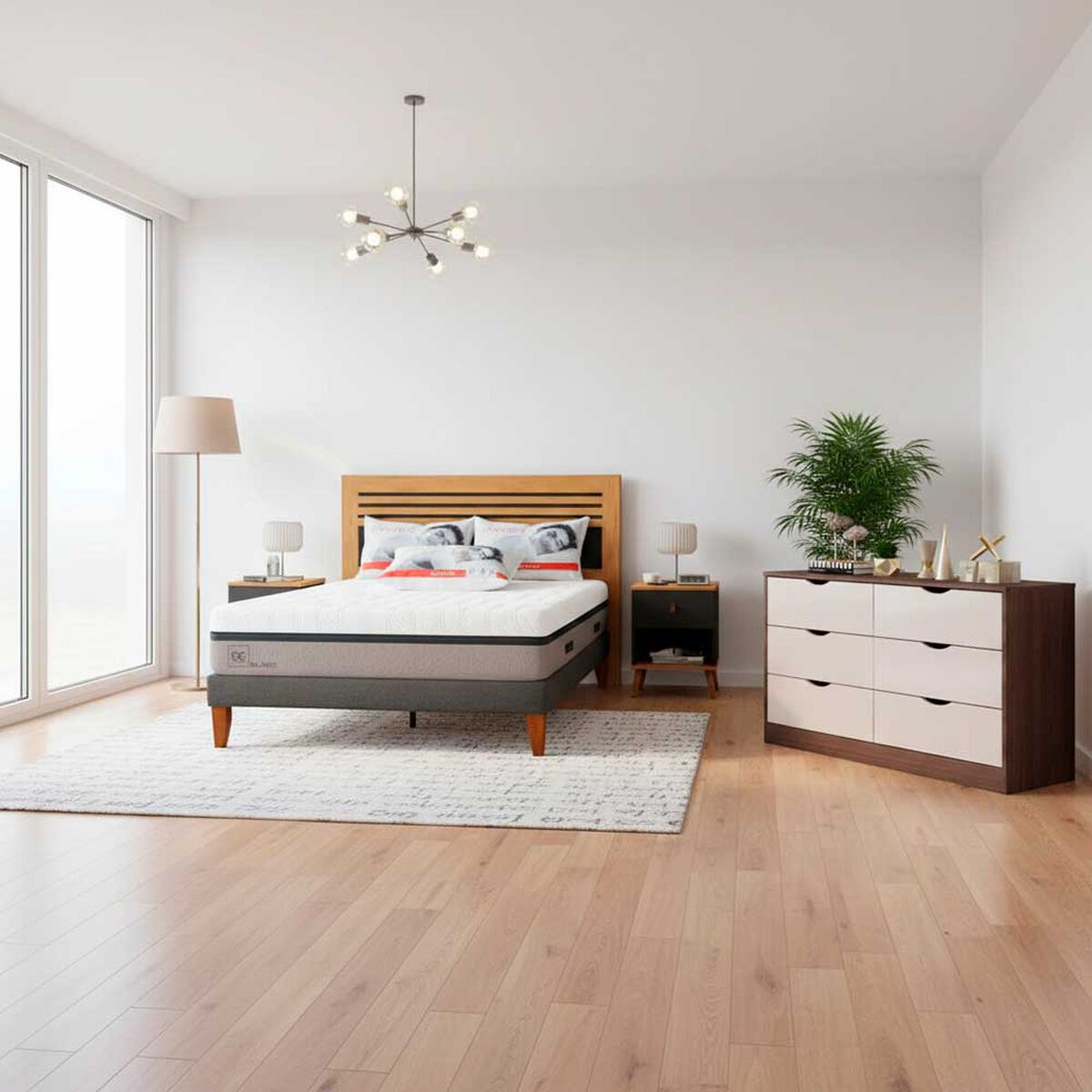 Combo Cama Europea CIC 2 Plazas Balance + Respaldo 2 Plazas + 2 Veladores Casanova Caroline Natural + C&oacute;moda Casanova Pisa 6 Cajones Nogal Off White + Pack Almohadas Celta Imperial Soft Blanco 65 x 45 cm