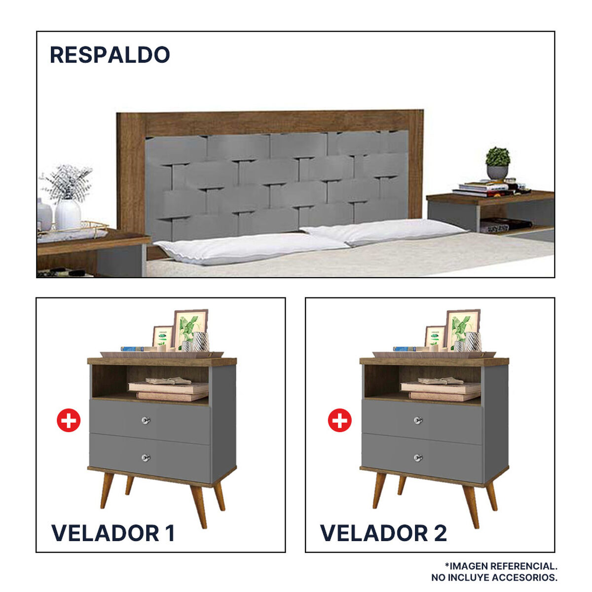 Respaldo + 2 Veladores Dreams 2 Plazas Treliza Gris