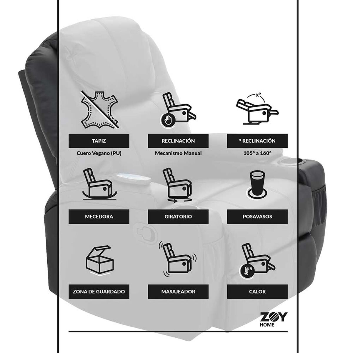 Bergere Multifunción Mecedora Giratorio con Masaje Zoy Home Lhasa PU Negro