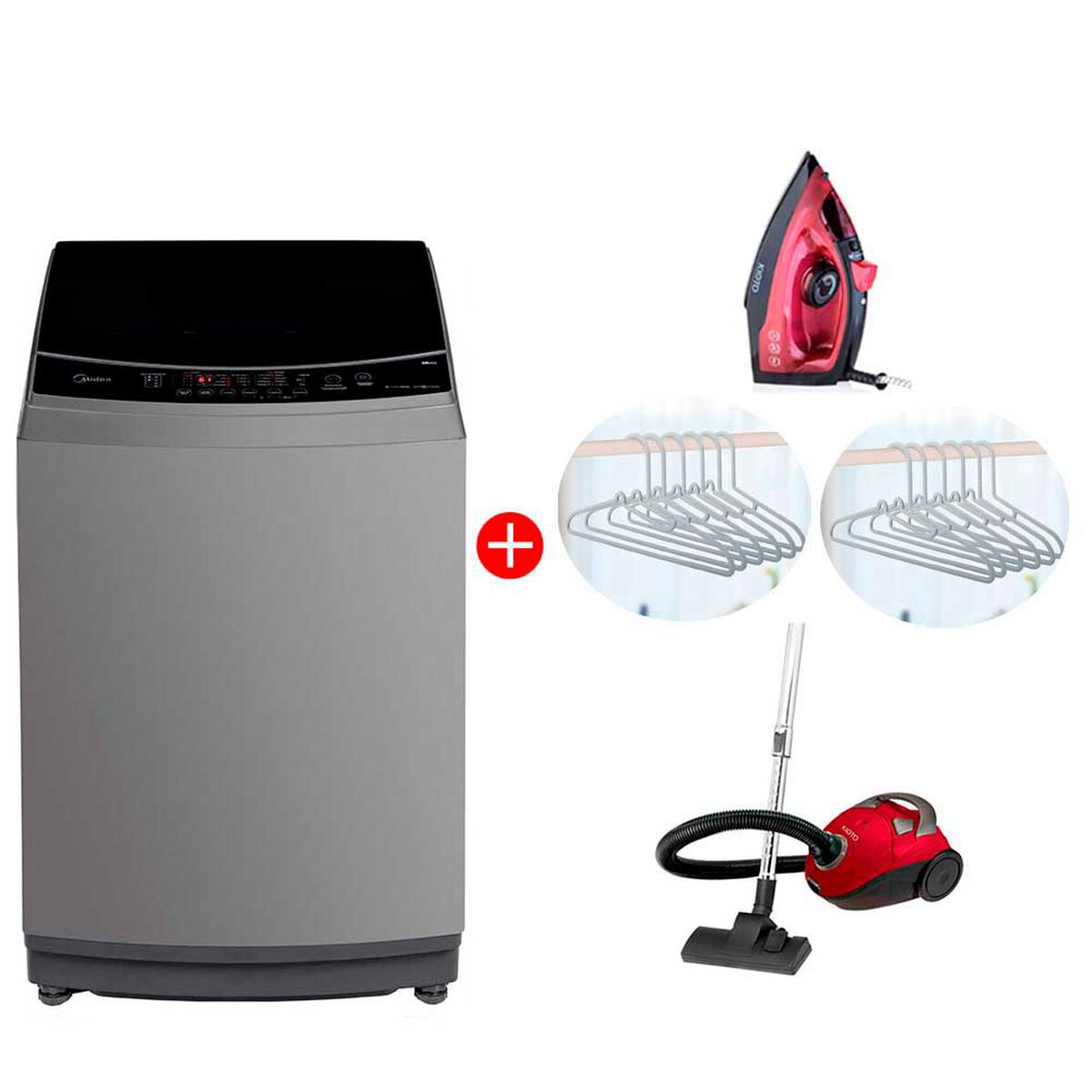 Combo Lavadora Automática Midea MLS-190GE04N 19 kg. + Aspiradora de Arrastre Kioto Fujisawa + Plancha a Vapor Himeji + 2 Set 6 Colgadores de Ropa Casanova Surtido