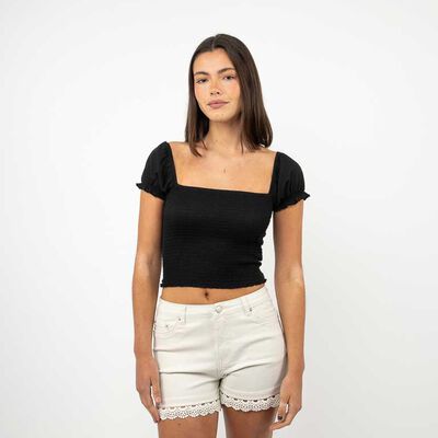 Polera Crop Manga Corta Mujer Icono Negro