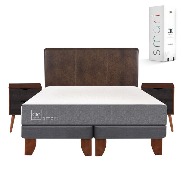 Cama Europea CIC Base Dividida 2 Plazas Smart + Respaldo + 2 Veladores Baker