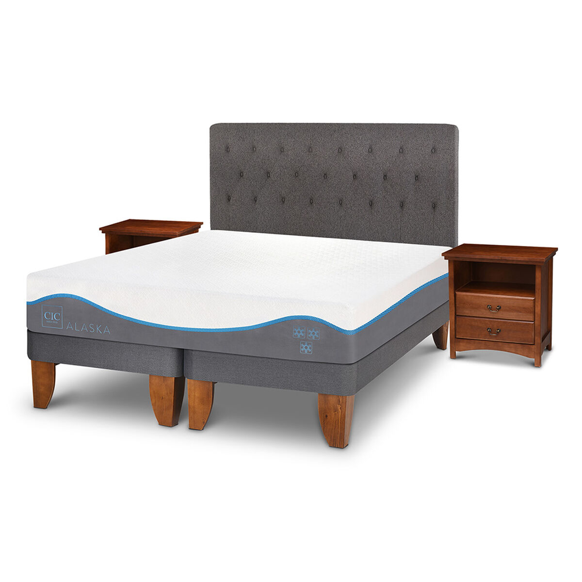 Cama Europea CIC Base Dividida King Alaska + Respaldo + 2 Veladores