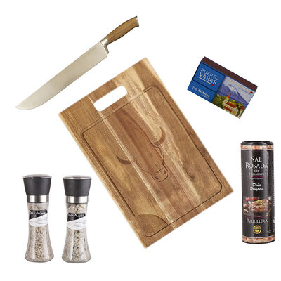 Set Parrillero Wayu Tabla + Cuchillo Carnicero + Mix de Sales + Sal Rosada + Caja Fósforos