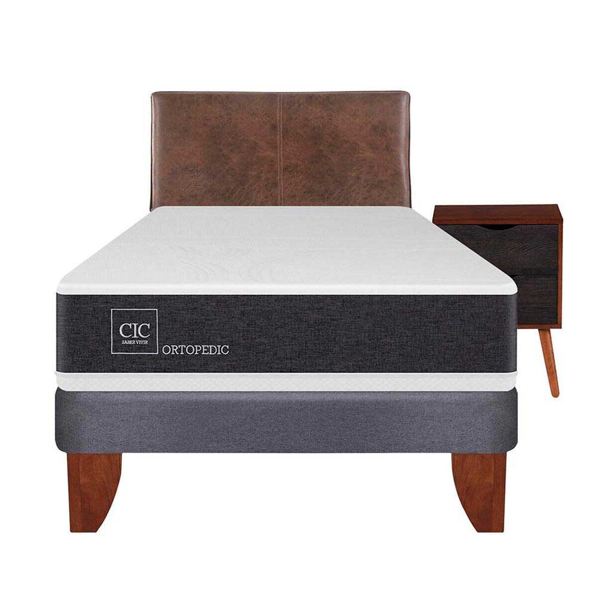 Cama Europea CIC 1,5 Plazas Ortopedic + Respaldo + Velador Baker
