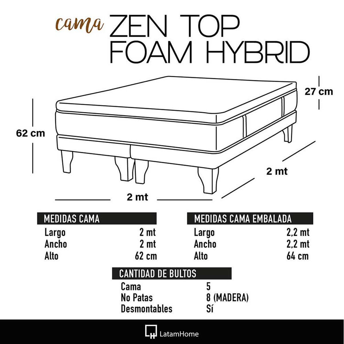 Cama Europea Latam Home Base Dividida Súper King Zen Top Foam Hybrid Velvet Gris