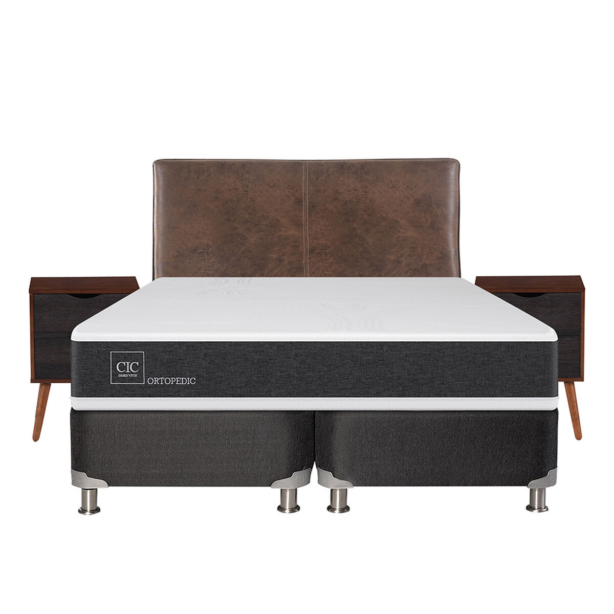 Box Spring CIC Base Dividida 2 Plazas New Ortopedic + Respaldo + 2 Veladores Baker