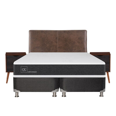 Box Spring CIC Base Dividida 2 Plazas New Ortopedic + Respaldo + 2 Veladores Baker