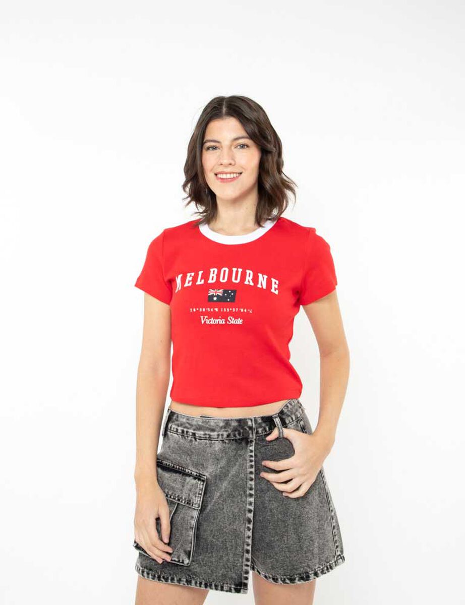 Polera Crop Algodón Con Estampado Manga Corta Mujer Icono