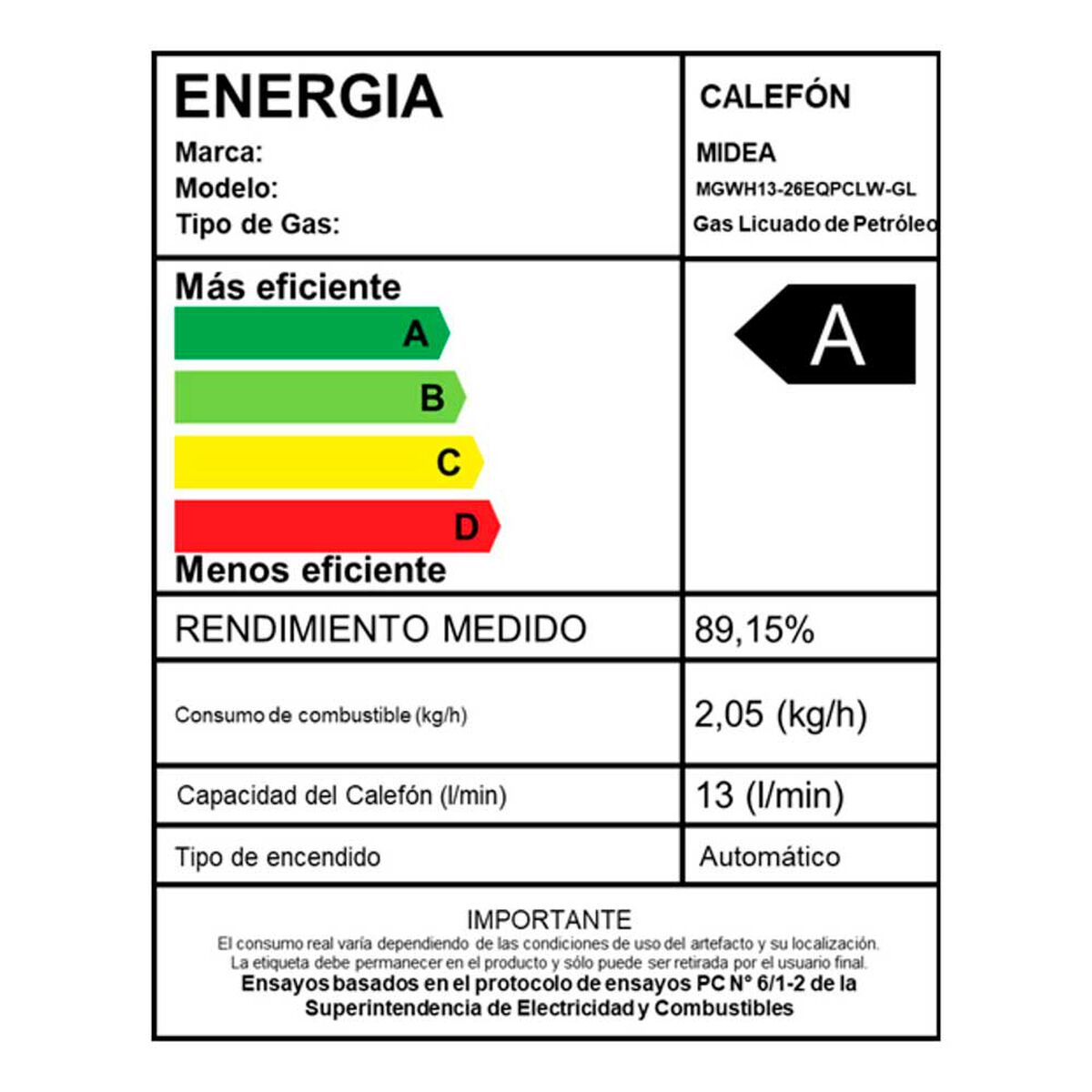 Calefont Gas Licuado Midea MGWH13-26EQPCLW-GL Tiro Forzado 13 lts.