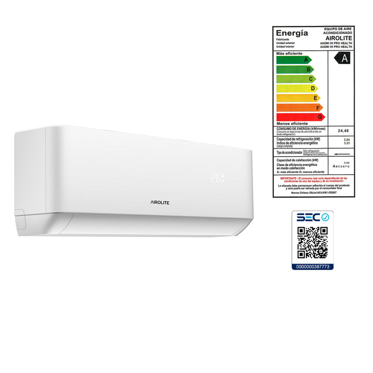 Aire Acondicionado Airolite Pro Health Inverter Aasmi 09 Wifi 9000 BTU con Ionizador y Luz UVC