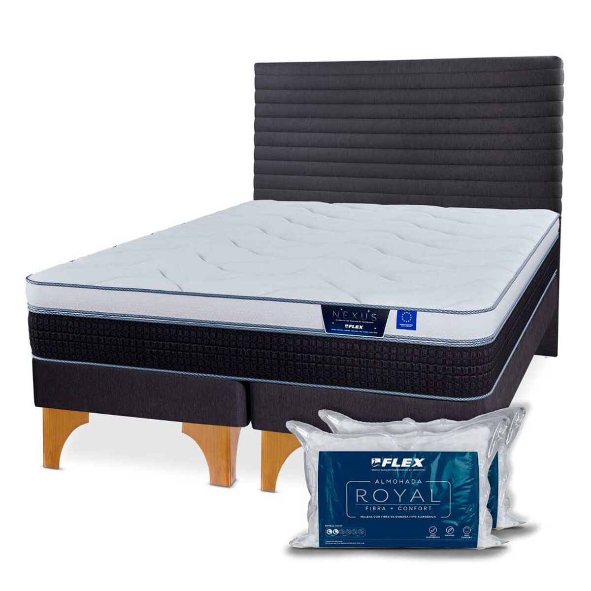 Cama Europea Flex 2 Plazas Nexus + Respaldo + 2 almohadas