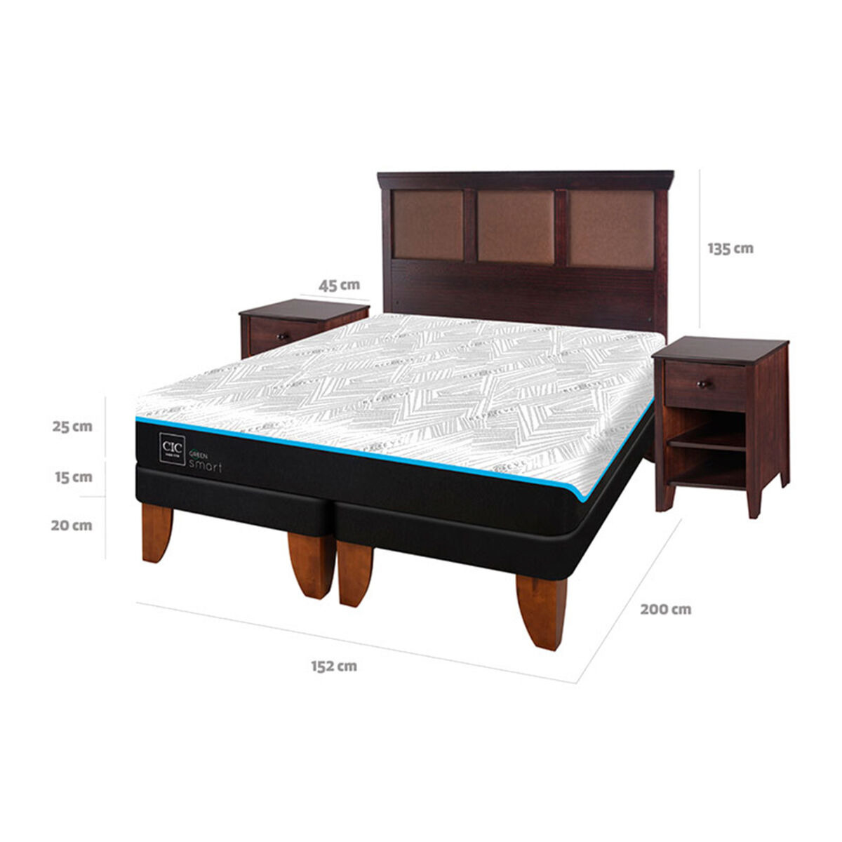 Cama Europea CIC Green Infinity 2 Plazas + 1 Respaldo + 2 Veladores Torino Choc