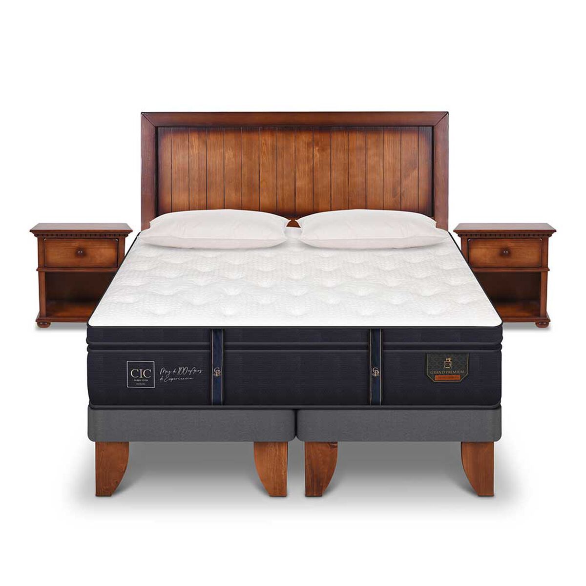 Cama Europea CIC 2 Plazas Grand Premium + Respaldo + Veladores + Almohadas Ganso
