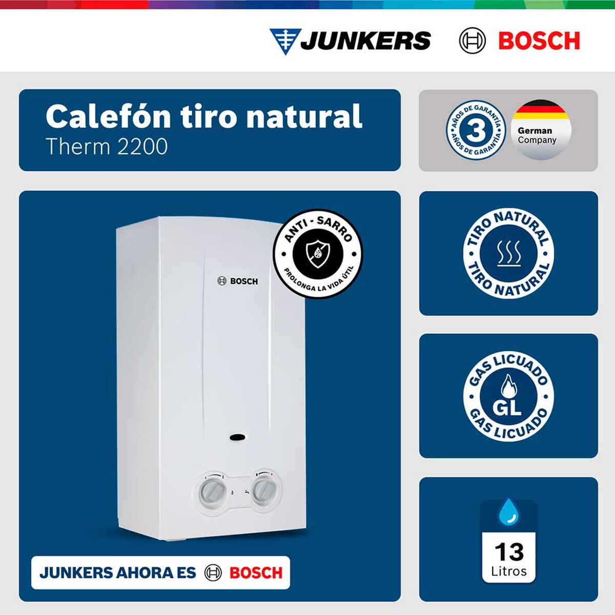 Calef&oacute;n 13 litros gas licuado tiro natural Junkers Bosch Therm 2200