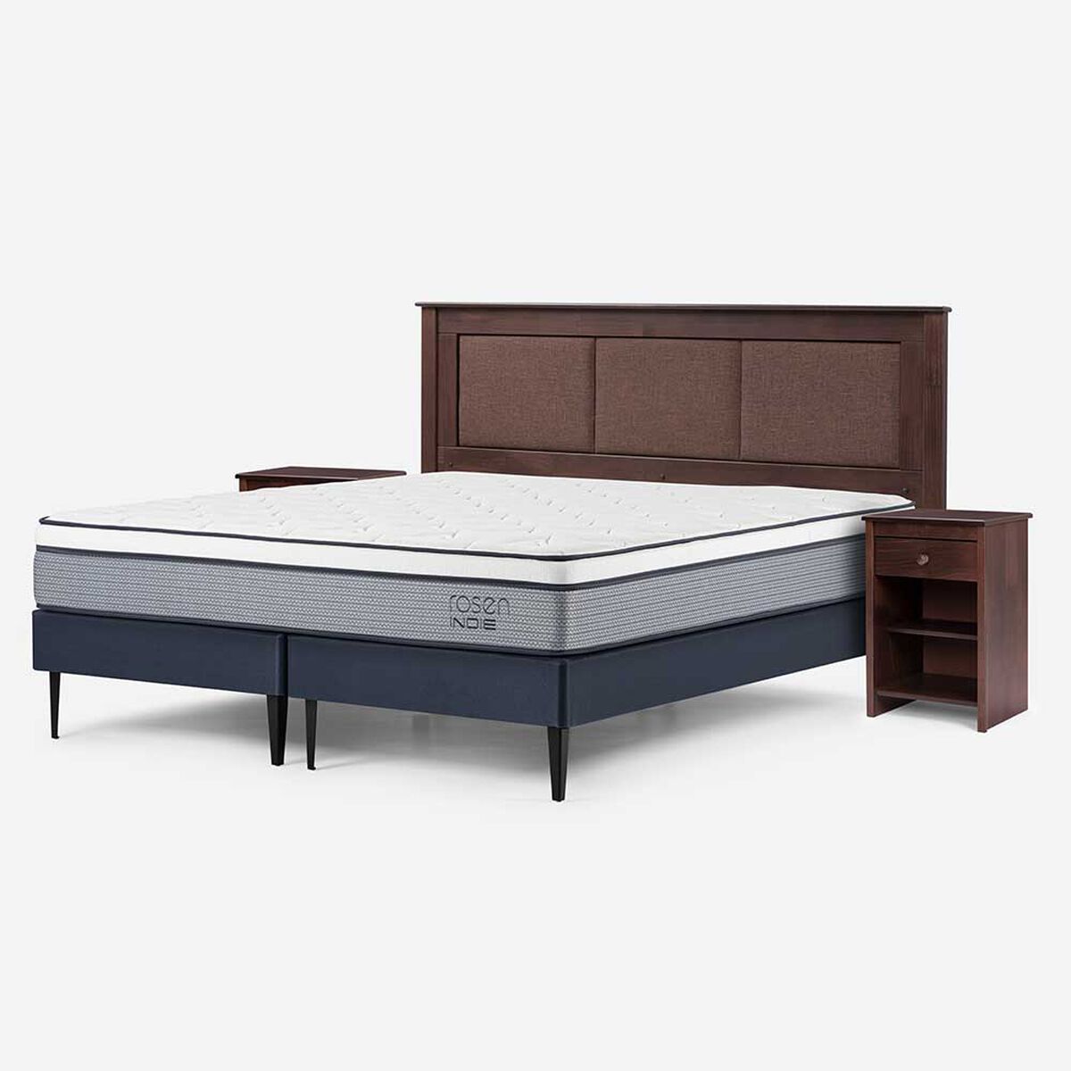 Cama Europea Rosen Base Dividida King Indie + Respaldo + 2 Veladores Rachel