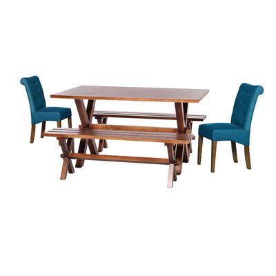Juego de Comedor Latam Home Sevilla Oviedo 2 Sillas + 2 Bancas Velvet Azul Petróleo