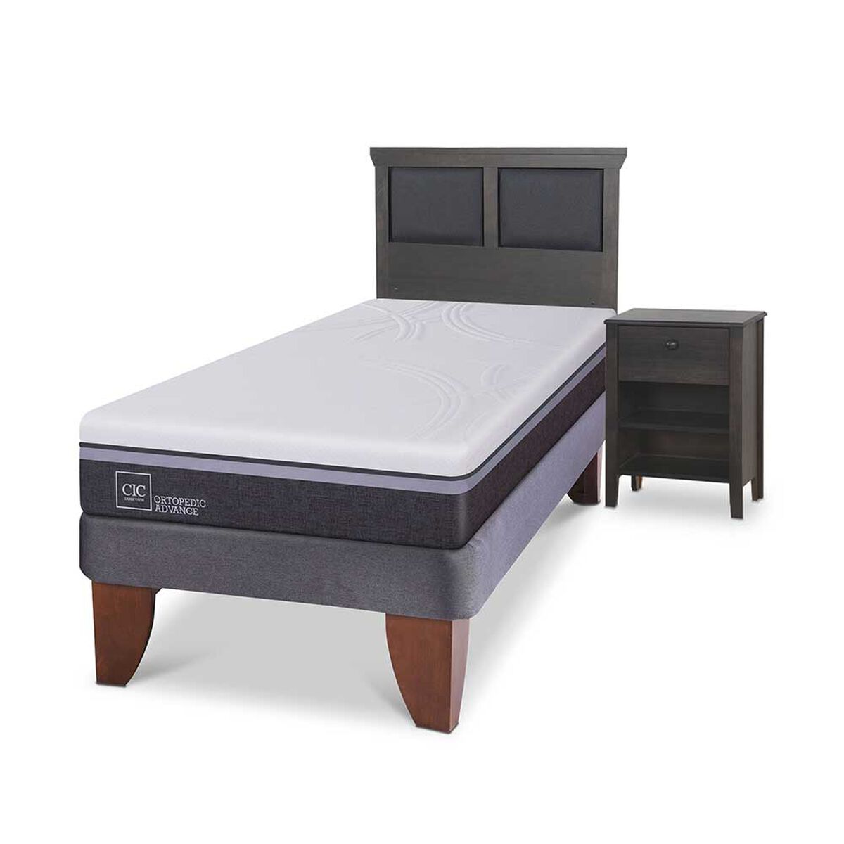 Cama Europea CIC 1,5 Plazas Ortopedic Advance + Respaldo + Velador Torino