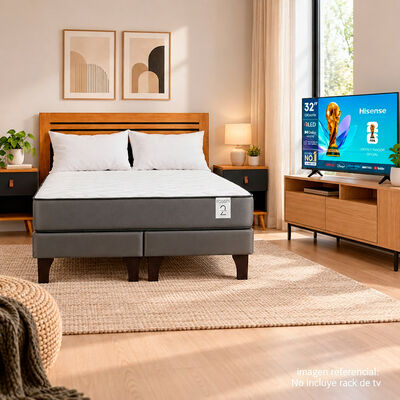Combo Cama Europea Rosen 2 Plazas + Respaldo + Veladores + Pack Almohadas + Smart TV QLED 32" Hisense HD