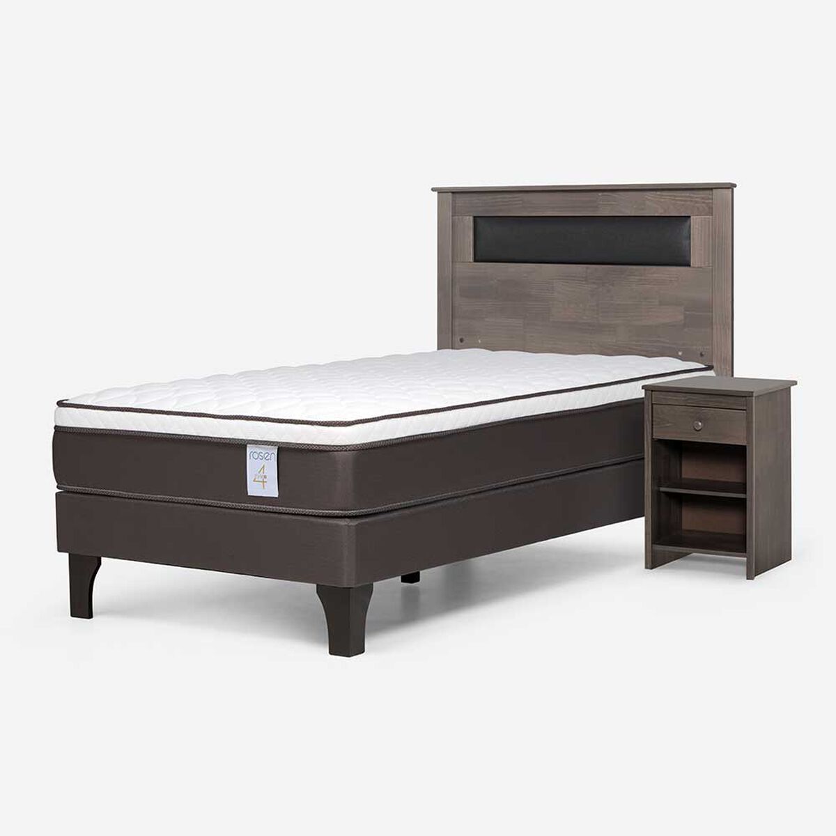 Cama Europea Rosen 1 Plaza New Style 4 Plus + Respaldo Ferrera Gris + Velador