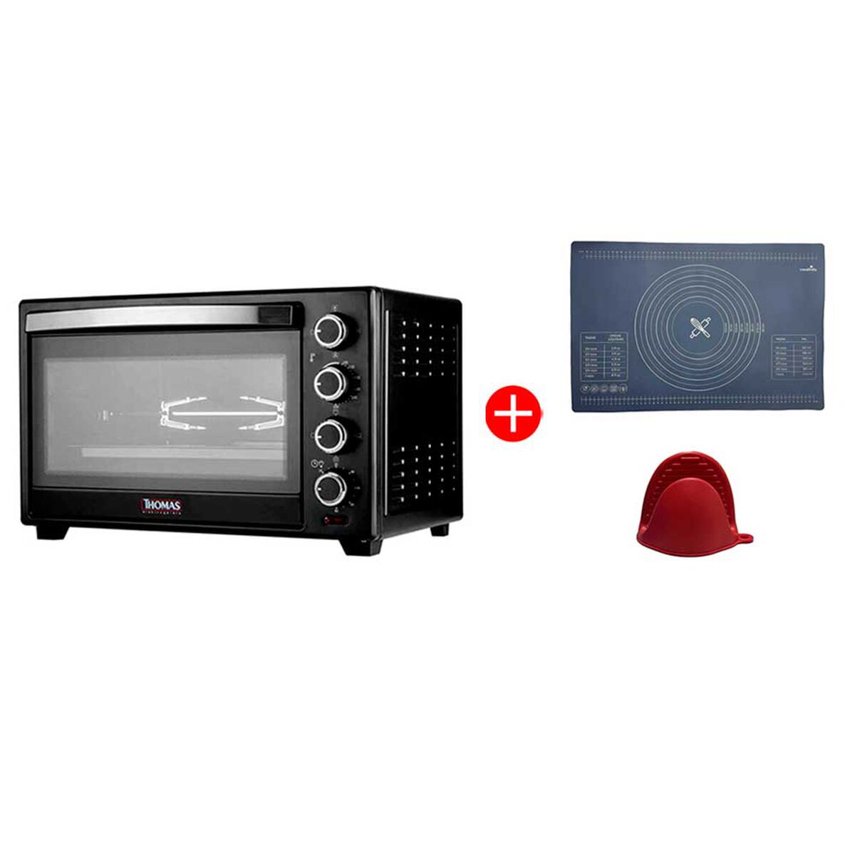 Combo Horno Eléctrico Thomas TH-48N 48 lt + Toma Olla Casa Linda Silicona Surtido + Mat Silicona Casa Linda Surtido