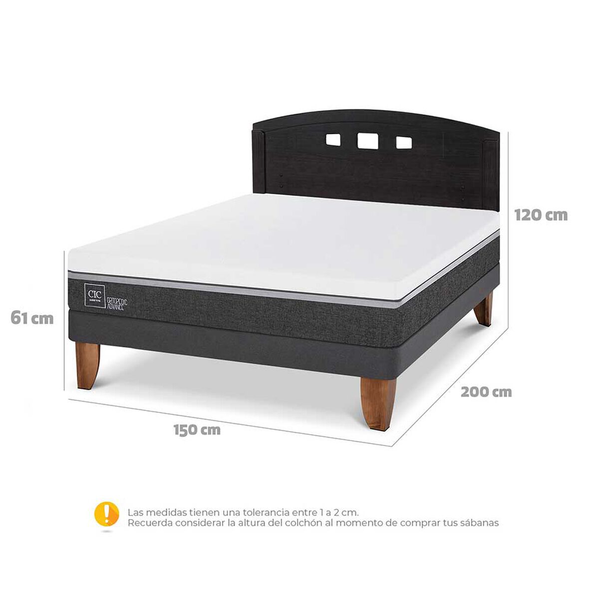 Cama Europea CIC 2 Plazas Ortopedic Advance + Respaldo Gales Negro