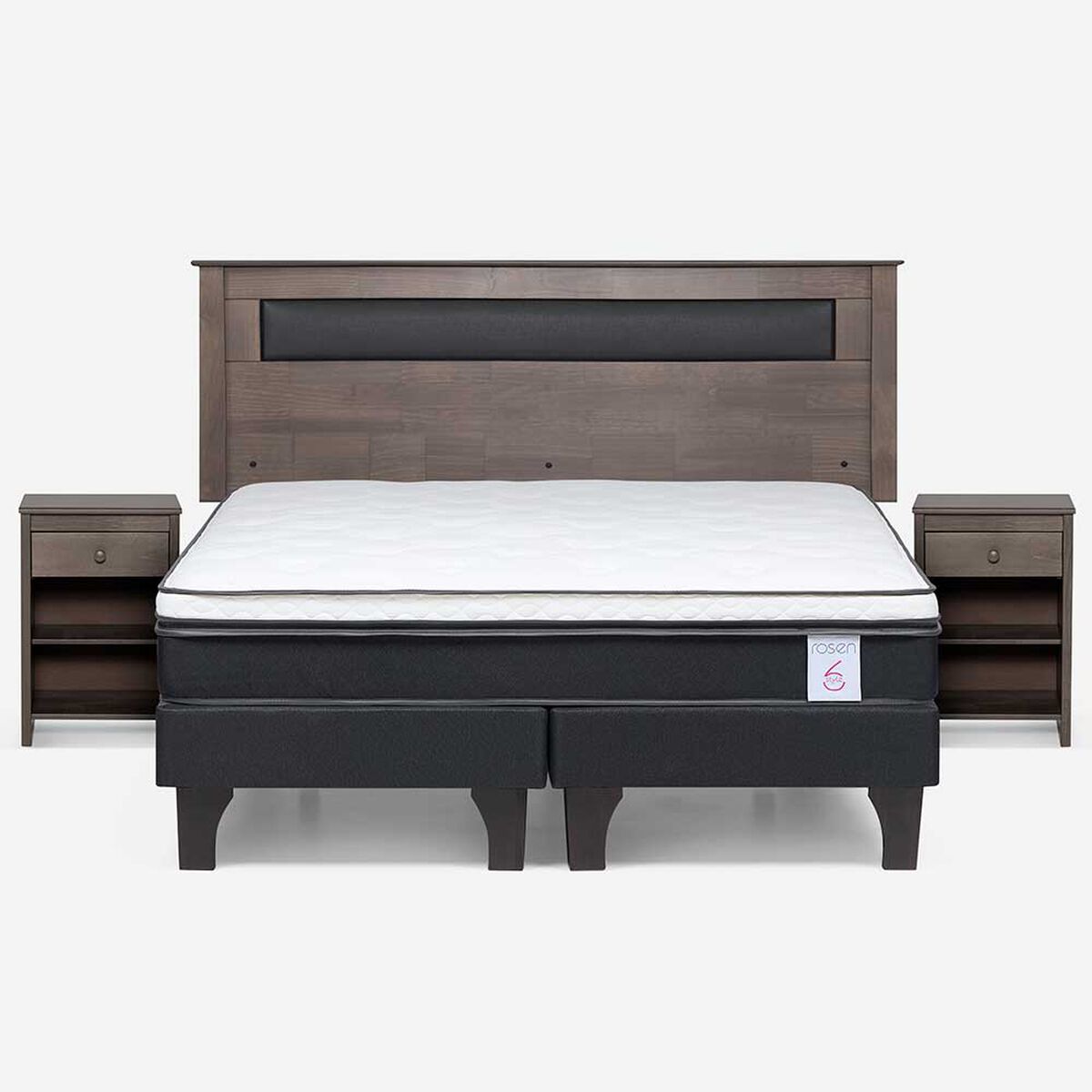 Combo Cama Europea Rosen King New Style 6 BD + Respaldo y Veladores Ferrara