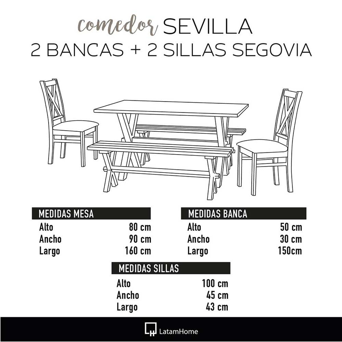 Juego de Comedor Latam Home Sevilla Segovia 2 Sillas + 2 Bancas Velvet Chocolate