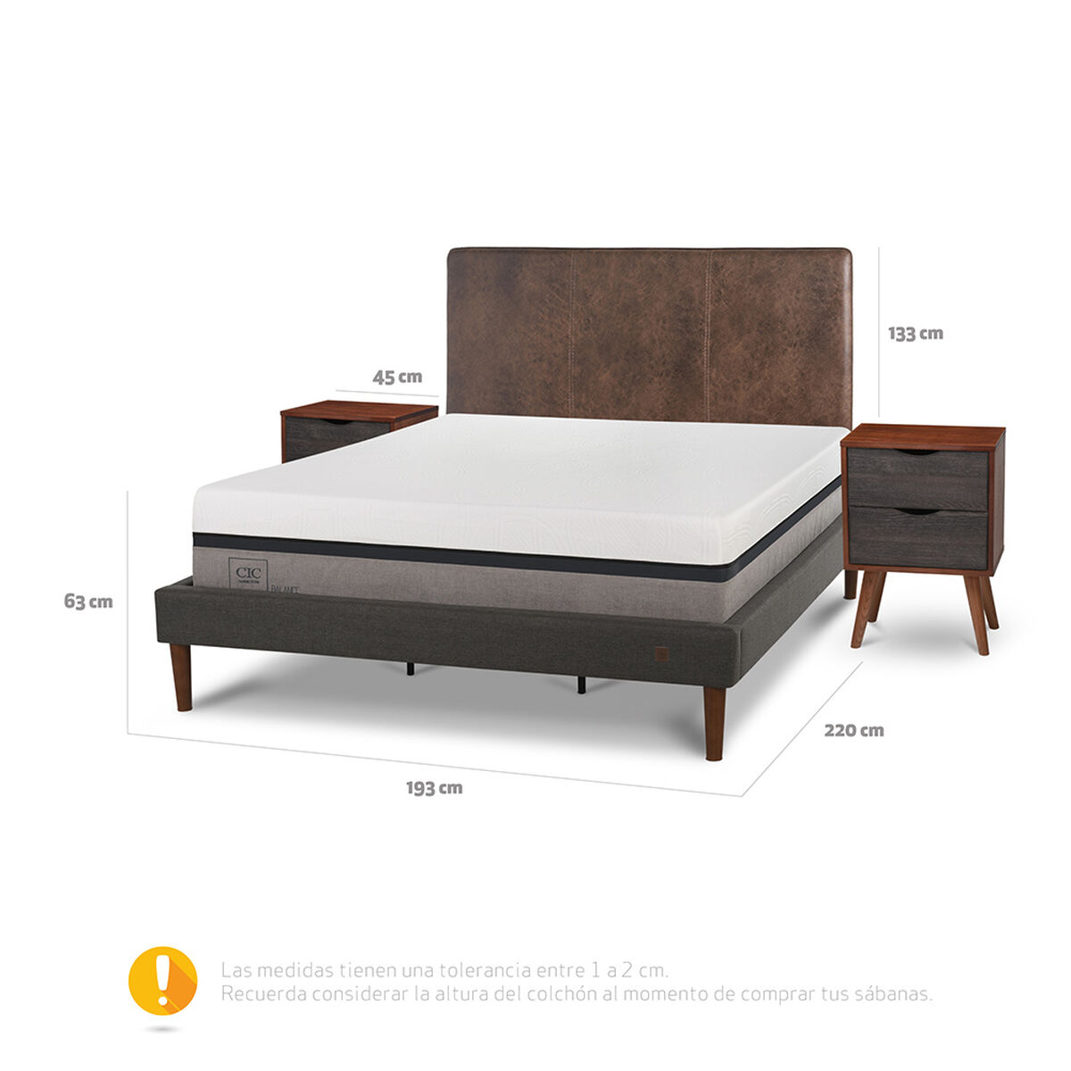 Cama Europea CIC Curve King Balance + Respaldo Baker + 2 Veladores Niger