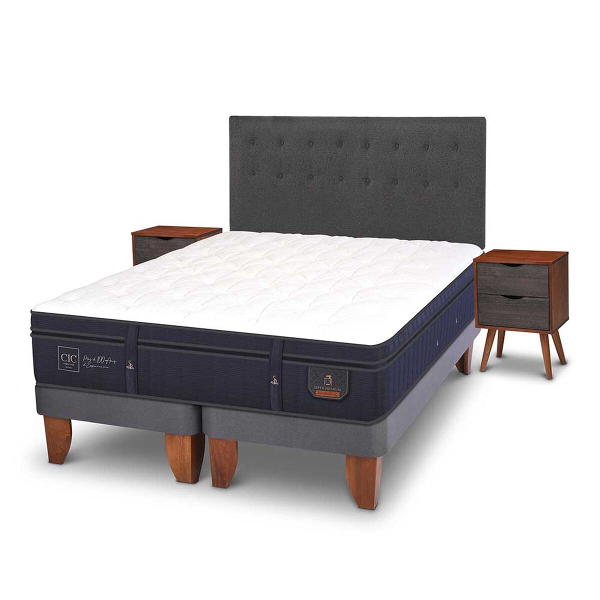 Cama Europea CIC Base Dividida King Súper Premium + Respaldo + Veladores