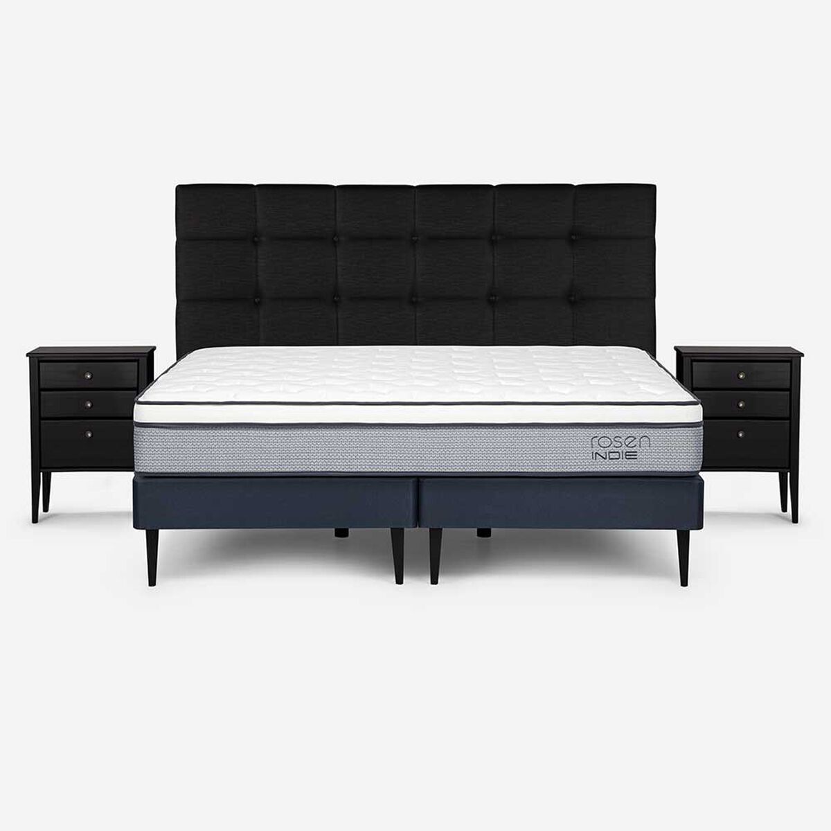 Cama Europea Rosen Base Dividida King Indie + Respaldo + 2 Veladores Issey Grafito