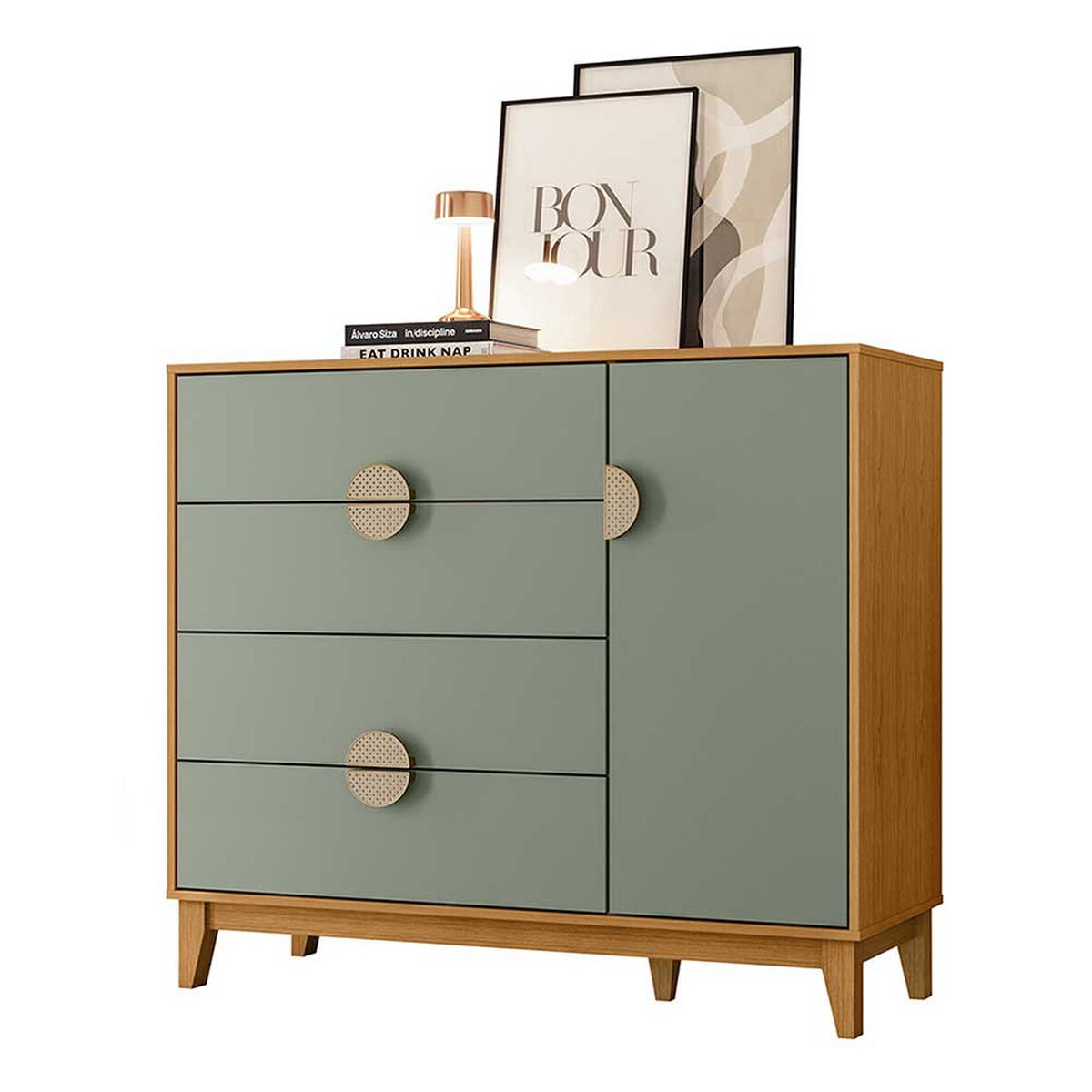 Cómoda Vekkahome Ipe 4 Cajones 1 Puerta Café Verde