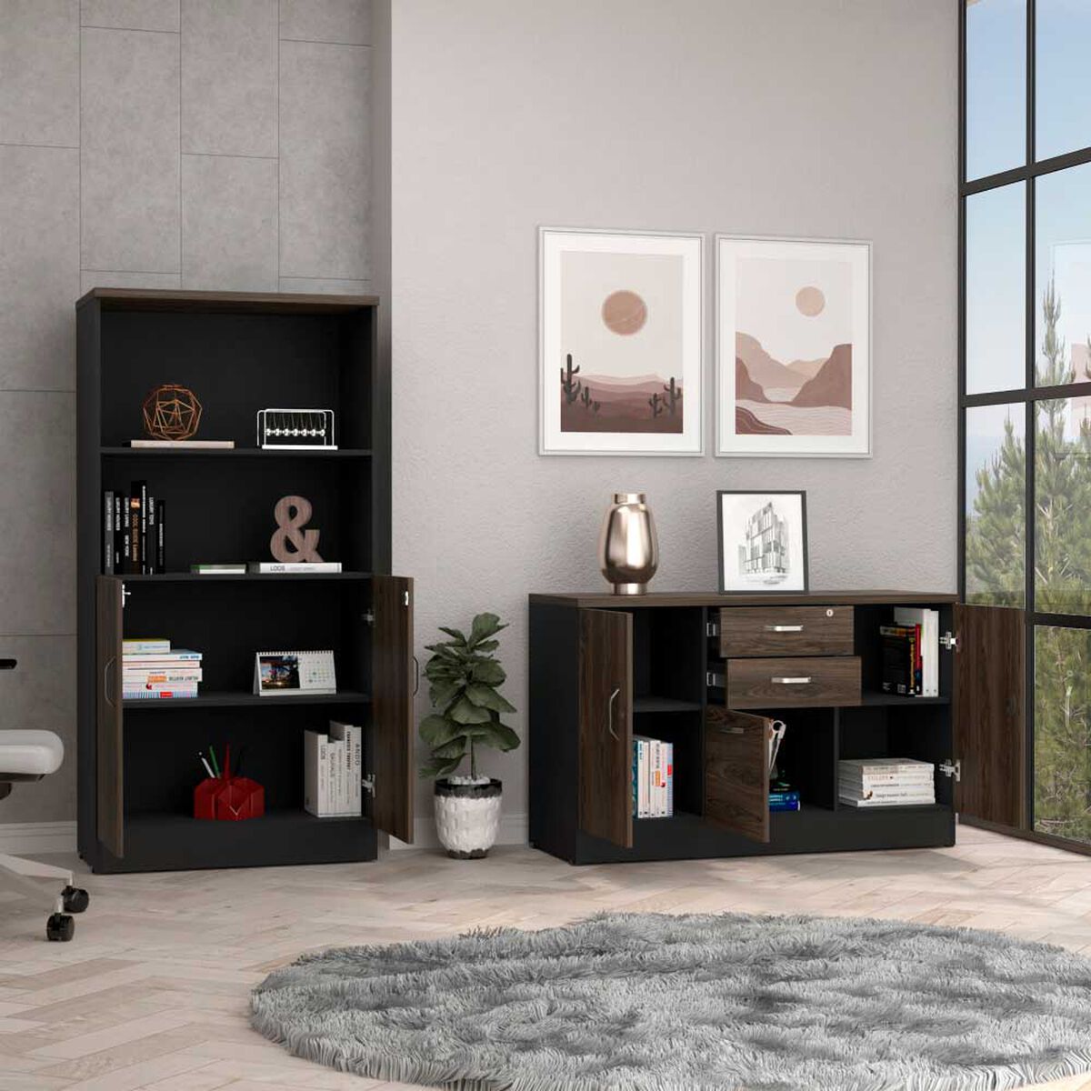 Combo Gabinete 2 Puertas + Biblioteca 2 Puertas TuHome Home Office Negro Soft-Co&ntilde;ac
