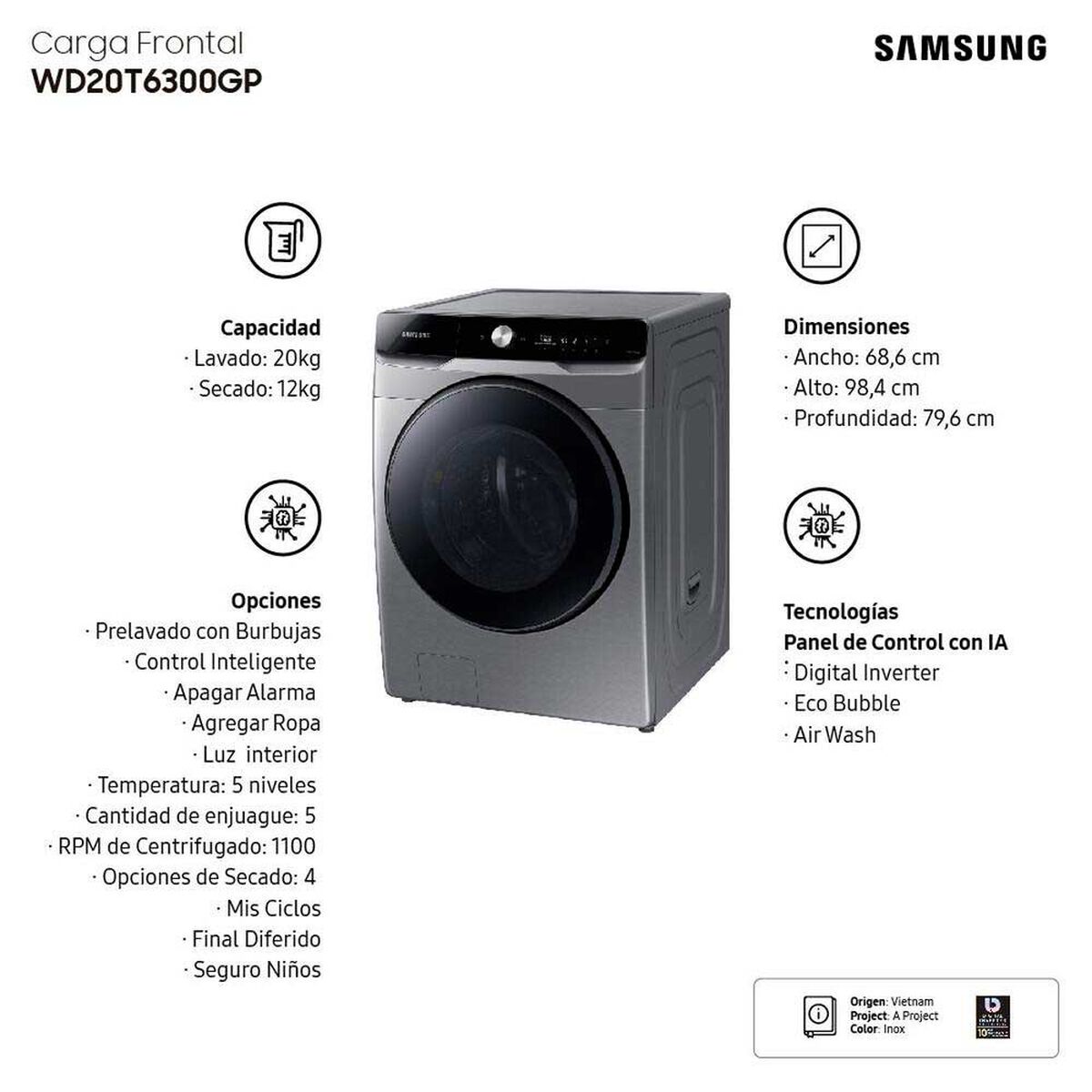 Lavadora Secadora Samsung WD20T6300GP/ZS 20/12 Kg.