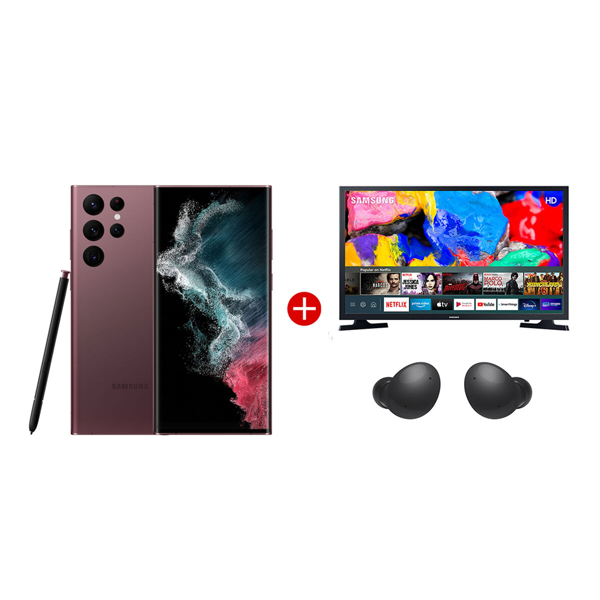 Combo Celular Samsung&nbsp;Galaxy S22 Ultra 256GB 6,8" Burgundy Liberado + LED 32'' T4300 Smart TV HD + Aud&iacute;fonos Bluetooth Galaxy Buds2 Graphite
