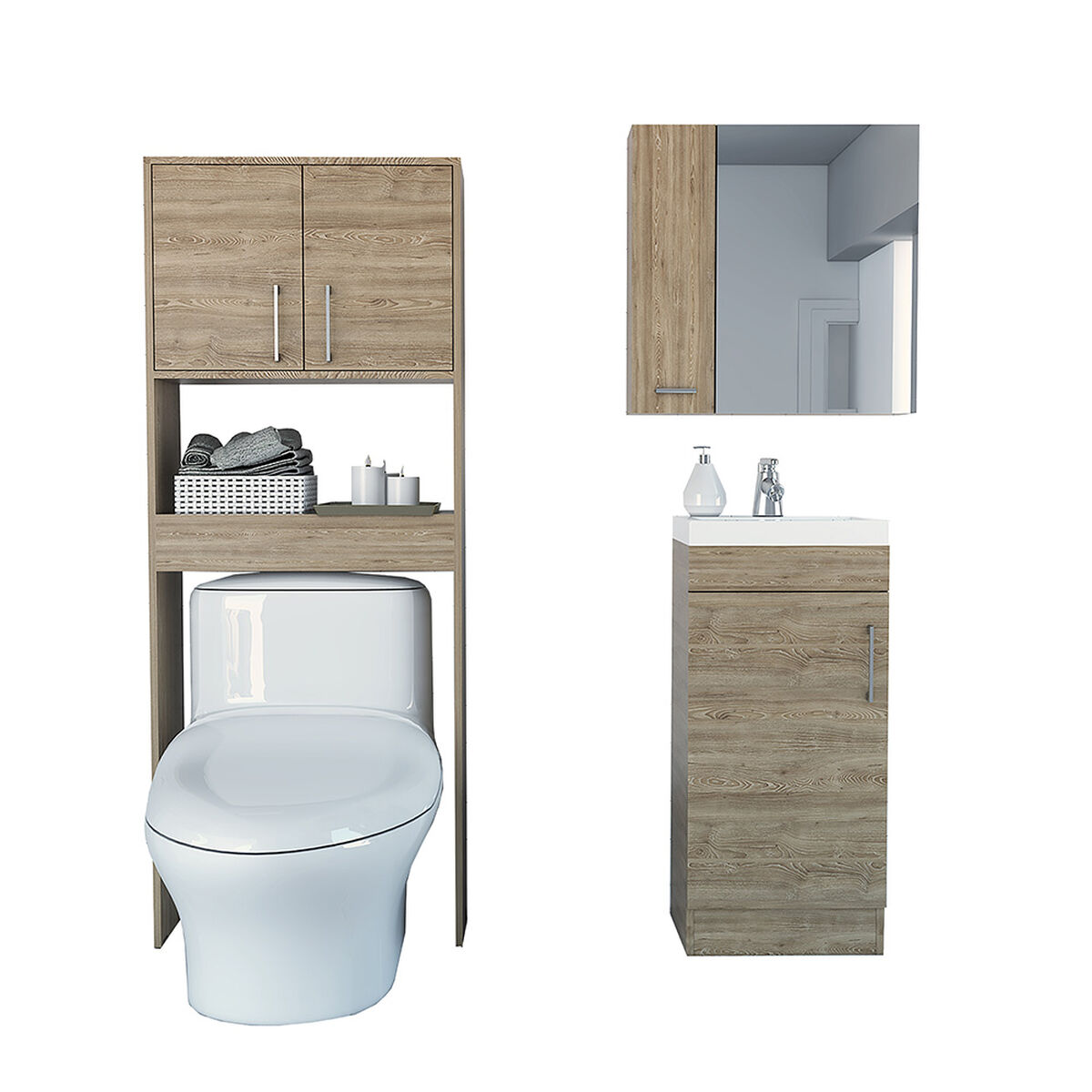 Combo Gabinete Espejo + Mueble Lavamanos + Mueble Auxiliar TuHome Bath 300