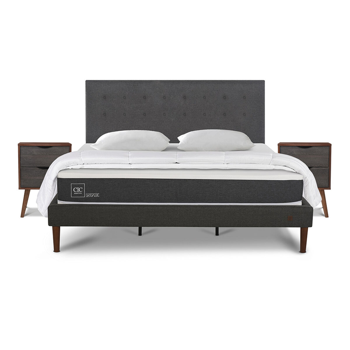 Cama Europea CIC King New Ortopedic + Respaldo Eufrates + 2 Veladores + Almohadas + Plum&oacute;n