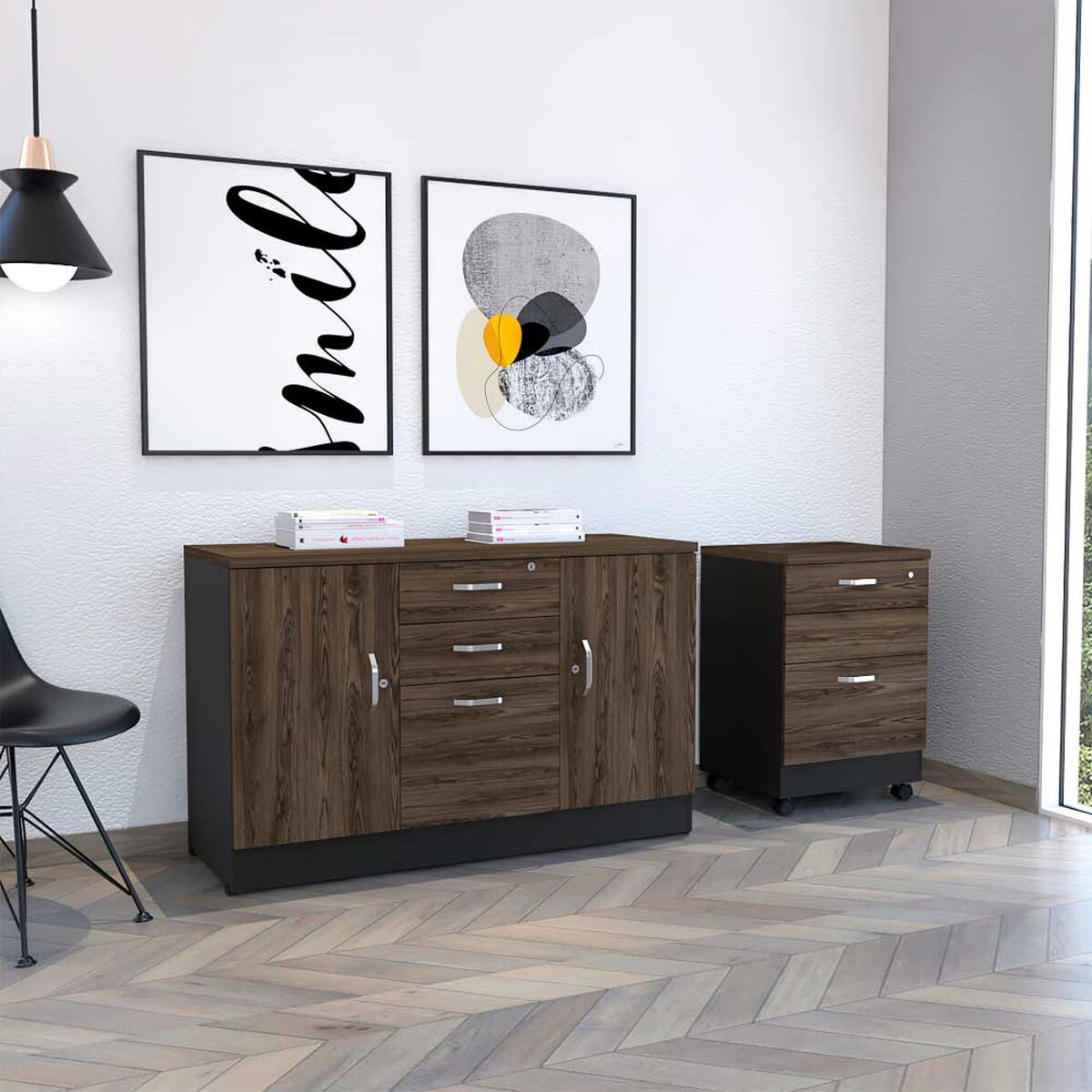 Combo Archivador 3 Cajones + Gabinete 2 Puertas TuHome Home Office Negro Soft-Coñac