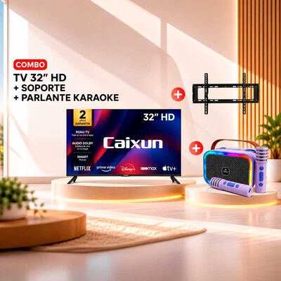 Combo Smart TV LED 32" Caixun HD Roku C32V1HR + Soporte TV Fijo Kioto KT-TF86 Negro + Karaoke MLAB My LiL Voice Luz RGB 2 Micrófonos Inalámbricos Morado