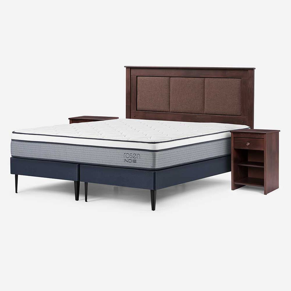 Cama Europea Rosen Base Dividida 2 Plazas Indie + Respaldo + 2 Veladores Rachel