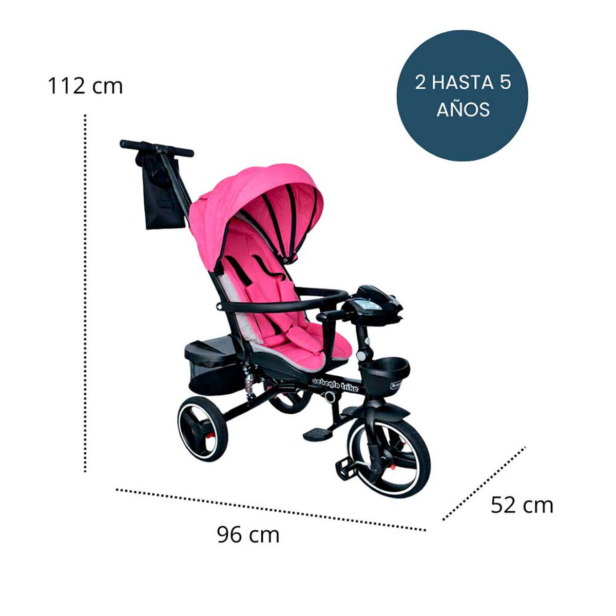 Triciclo Coche Cuna con Bluetooth 360 One Click RS-4090 Fucsia